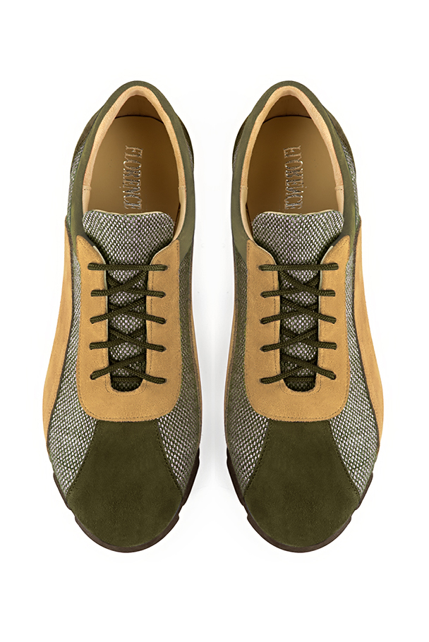 Khaki green and mustard yellow women's three-tone elegant sneakers. Round toe. Flat rubber soles. Top view - Florence KOOIJMAN
